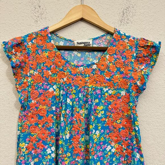 SAVANNA JANE Embroidered Babydoll Top Blue Floral Flutter Sleeve Boho - Picture 2 of 7